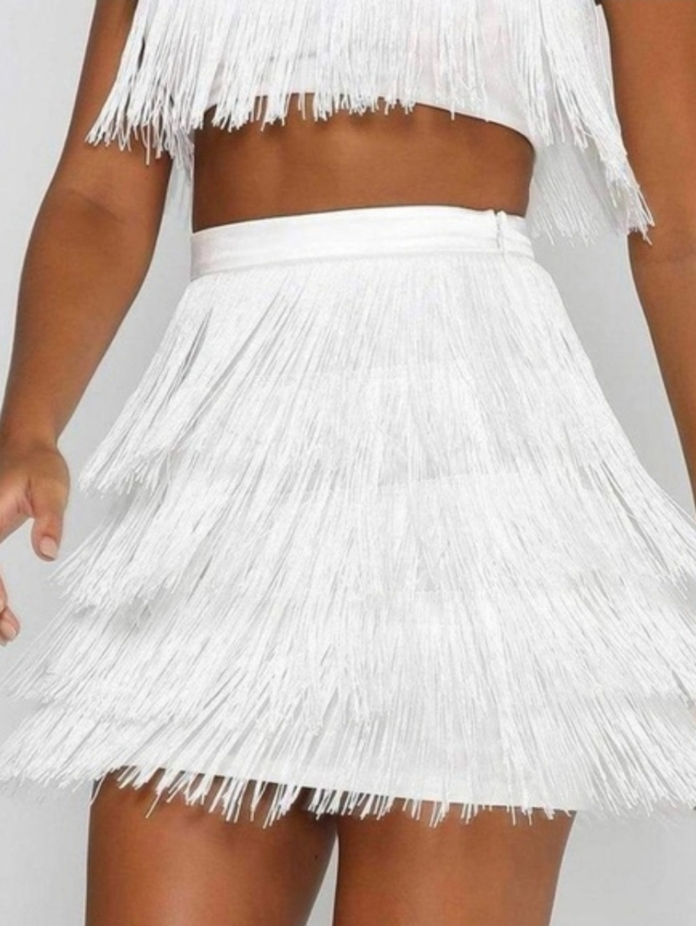 MESHKI Womens Sophia TOP MINI SKIRT SET Cream White Fringe Zip Sz XS - Picture 3 of 16
